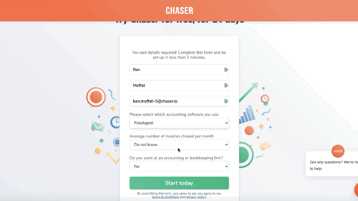 Gif showing how to sign up to Chaser with your Freeagent account